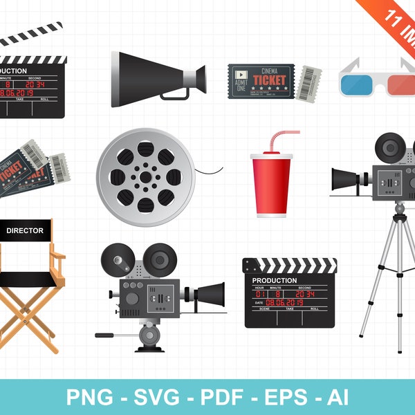 Cinema objects  clipart. Clapper board, megaphone, movie tickets, director chair, popcorn, reel, retro projector. Vector Clipart Print