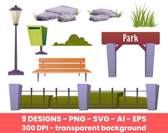 Park landscape elements in cartoon style clipart – clip art commercial use, vector graphics, digital images, instant download – CLP540