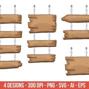 May include: Set of eight wooden signs with a distressed look, hanging from chains. The signs are blank and ready for text or images.  The signs are perfect for adding a rustic touch to any project.