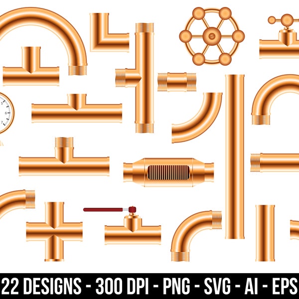 Copper pipe fittings clipart set. Digital images or vector graphics for commercial and personal use.