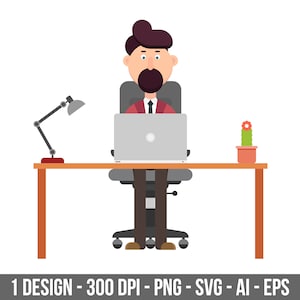 Businessman working at desk clipart. Digital images or vector graphics for commercial and personal use.