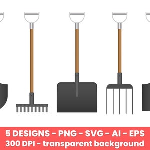 May include: Five gardening tools with wooden handles and black metal heads. The tools include a shovel, a rake, a garden fork, and two different types of shovels.