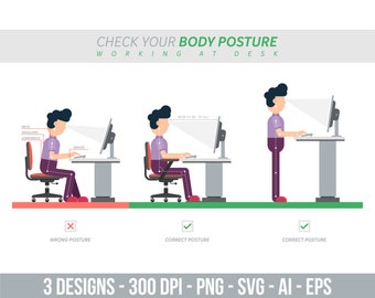 Ergonomic posture of sitting at desk clipart set, vector graphics, commercial use, digital images, digital clip art, clipart commercial use