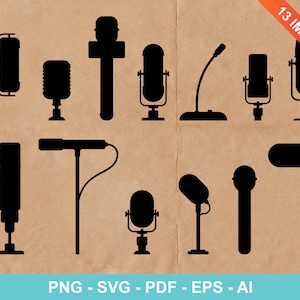 Satz von verschiedenen Mikrofonen Silhouette Clipart. Schwarz, Mikrofon, Silhouette, Audio, Mikrofon, Song, Schallplatte, Musik, Radio. Vektor Clipart Druck