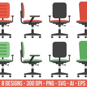 May include: Eight different designs of office chairs. The chairs are shown in both front and side views. The chairs have black frames and wheels, and the seats are red, green, or black.