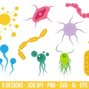 Puede incluir: Un conjunto de nueve ilustraciones coloridas de diferentes tipos de bacterias y microbios. Las ilustraciones están en un estilo de dibujos animados e incluyen una ameba rosa, un coco púrpura, un bacilo amarillo, una espiroqueta verde, un flagelo azul y un coco amarillo con púas.
