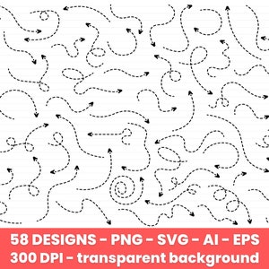 Conjunto de imágenes prediseñadas de flechas punteadas dibujadas a mano, gráficos vectoriales de flecha, uso comercial, imágenes digitales, imágenes prediseñadas digitales, uso comercial de imágenes prediseñadas