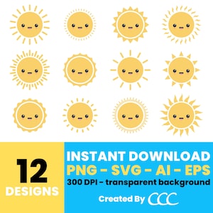Kawaii Sun Clipart Bundle – Cute Sunny Designs Digital Graphics, Instant Download for Kids Crafts & Projects – CLP696