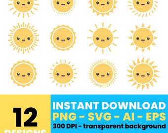 Kawaii Sun Clipart Bundle – Cute Sunny Designs Digital Graphics, Instant Download for Kids Crafts & Projects – CLP696