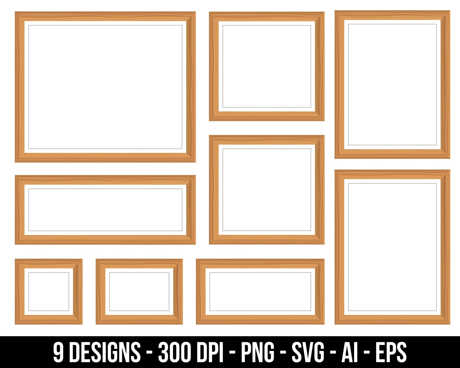 Wooden Picture Frame Clipart Set. Digital Images or Vector Graphics for
