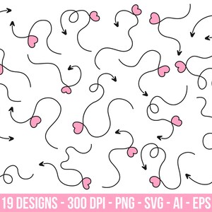 Hand drawn arrow lines with heart clipart set. Digital images or vector graphics for commercial and personal use.