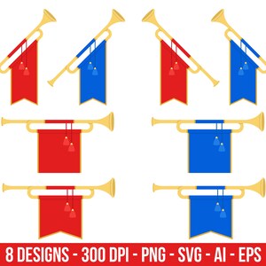 May include: Eight designs of a gold trumpet with a red or blue flag. The trumpet is a heraldic symbol and is often used in ceremonies and parades.