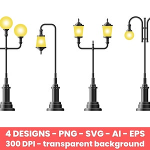 Set of vintage streetlamp clipart. Lamppost, light, retro, clipart, decoration, electricity, elegant, illumination. Vector clipart print.