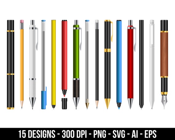 Pens, pencils, fountain pen and markers clipart set. Digital images or  vector graphics for commercial and personal use.