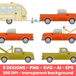 Vintage pickup truck and caravan clipart set. Digital images or vector graphics for commercial and personal use.