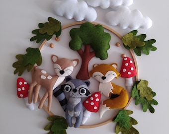 Woodland Baby Mobile: Handmade Felt Crib Mobile, Fox, Deer & Raccoon