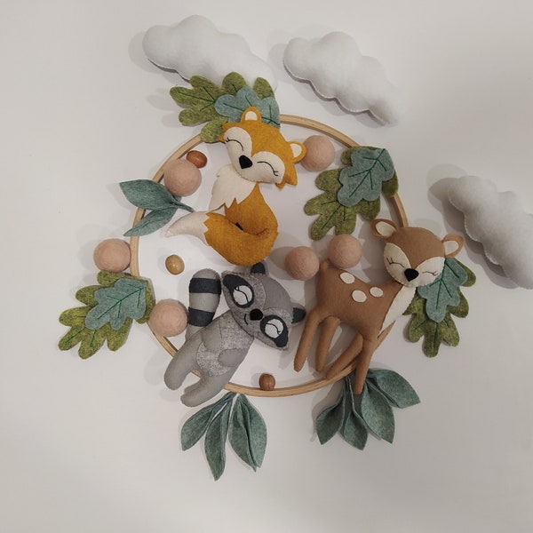 Woodland Baby Mobile: Handmade Felt Fox, Deer, Raccoon