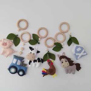 Farm Animal Baby Gym Toys: Felt Hanging Toys, Beechwood Rings