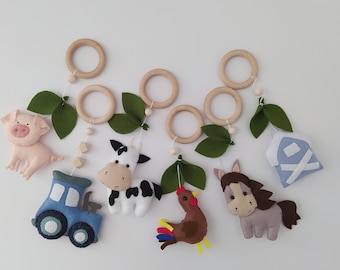 Farm Animal Baby Gym Toys: Felt Hanging Toys, Beechwood Rings