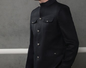 Tailored Mens Black Linen Jodhpuri Suit Groomsmen Outfits Dinner Tuxedo Boys Safari Coat Pants