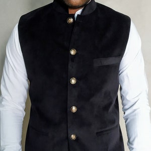 Designer Mens Black Velvet Nehru Jacket Mens Waistcoat