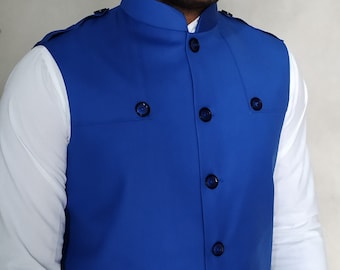 Mens Blue Polyester Nehru Vest Indian Nehru Collar Jacket
