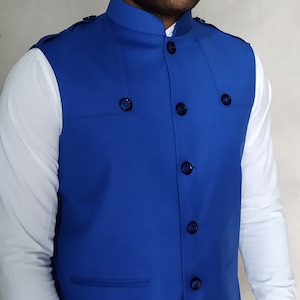 Mens Blue Polyester Nehru Vest Indian Nehru Collar Jacket