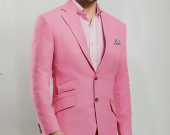 Mens Beach Wedding Pink Linen Suit Christmas Dinner Party Wear Two button Suit