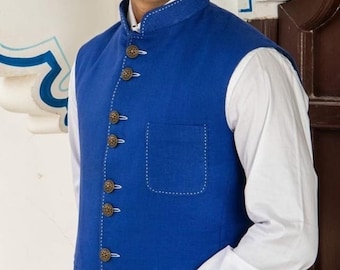 Royal Blue Linen Nehru Vest Mens Designer Waistcoat Jacket