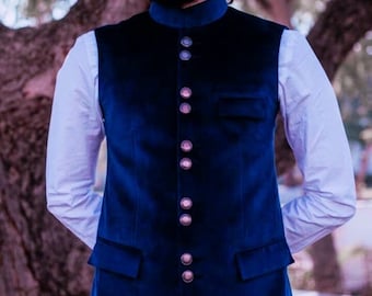 Antique Blue Velvet Nehru Vest Mens Nehru Collar Wedding Partywear Waistcoat