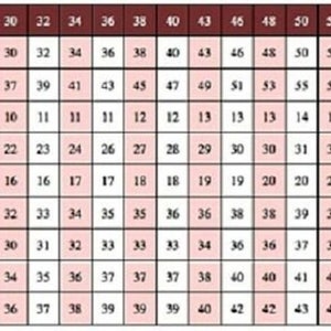 K&ouml;nnte beinhalten: Eine Tabelle mit Hosen gr&ouml;&szlig;en und den entsprechenden Ma&szlig;en in Zoll f&uuml;r Taille, H&uuml;fte, Schritt, Oberschenkel, Saumweite und Innenbeinl&auml;nge. Die Innenbeinl&auml;ngen sind f&uuml;r verschiedene L&auml;ngen aufgef&uuml;hrt: regul&auml;r, kurz, lang und extra lang.