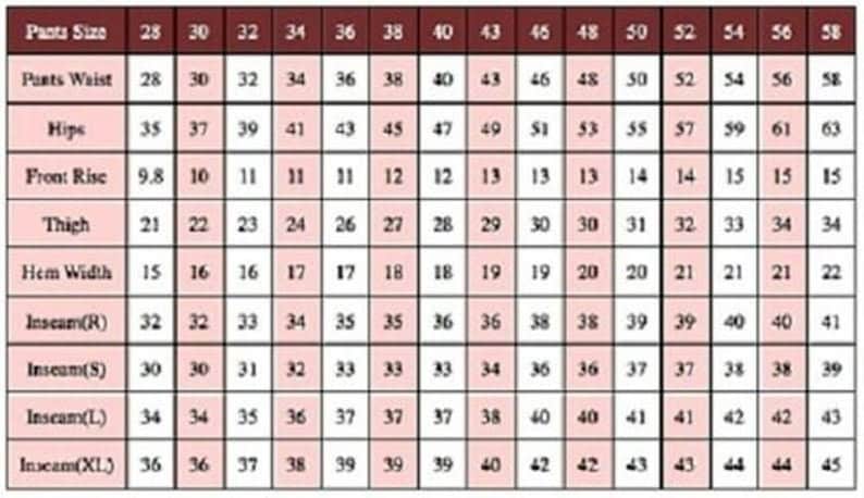 K&ouml;nnte beinhalten: Eine Tabelle mit Hosen gr&ouml;&szlig;en und den entsprechenden Ma&szlig;en in Zoll f&uuml;r Taille, H&uuml;fte, Schritt, Oberschenkel, Saumweite und Innenbeinl&auml;nge. Die Innenbeinl&auml;ngen sind f&uuml;r verschiedene L&auml;ngen aufgef&uuml;hrt: regul&auml;r, kurz, lang und extra lang.
