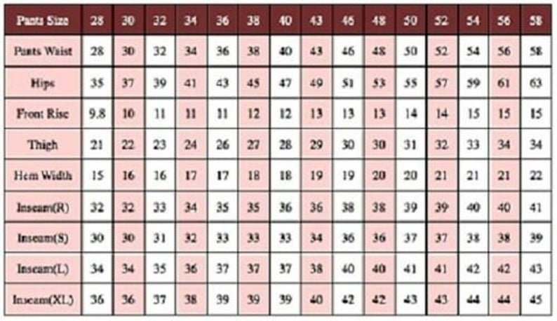 May include: A chart showing pants sizes and corresponding measurements in inches for waist, hips, front rise, thigh, hem width, and inseam. The inseam measurements are listed for different lengths: regular, short, long, and extra long.