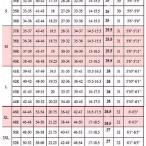 May include: Size chart for a jacket with measurements in inches for chest, over arm, shoulder, waist, hip, neck, sleeve, length, and height.