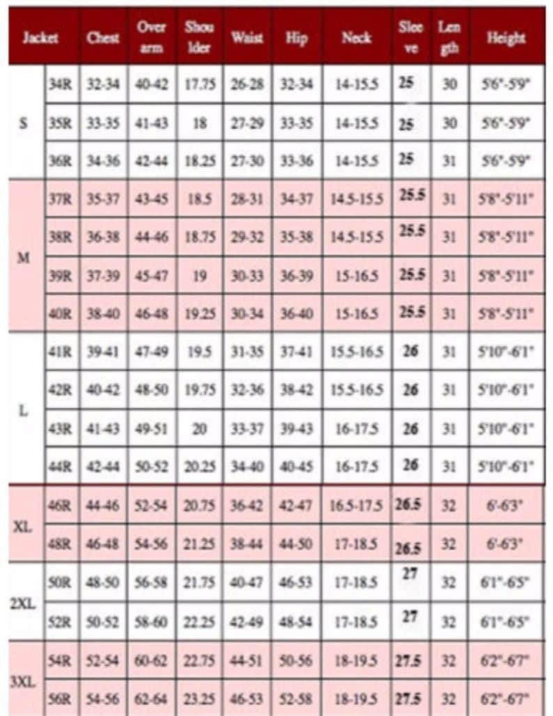 May include: Size chart for a jacket with measurements in inches for chest, over arm, shoulder, waist, hip, neck, sleeve, length, and height.