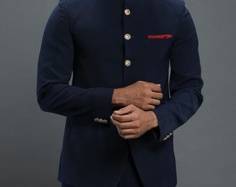Mens Wedding Designer Navy Blue Velvet Jodhpuri Suit