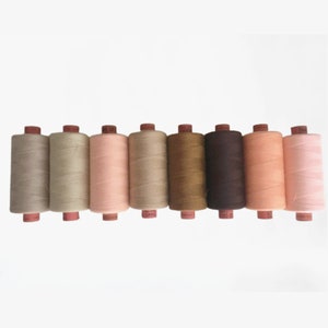 Può includere: Dieci bobine di filo in varie tonalità di marrone, beige e rosa. Le bobine sono disposte in fila da sinistra a destra.