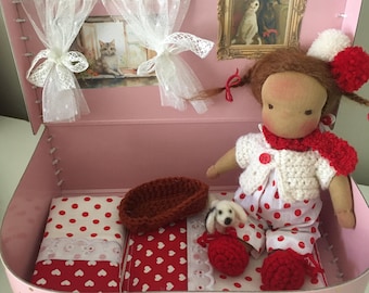 Lilly and Rusty 6 inch Waldorf doll and her puppy in a mini suitcase