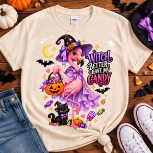 Halloween-flamingotröja, häxa som har mitt godis, rosa häxa, läskig säsong