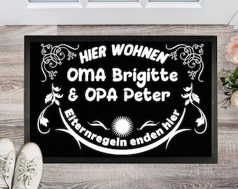 Doormat "Family" Here live Grandma and Grandpa Parental rules end here with name Personalizable Gift Grandpa Grandma