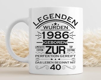 Gift for a 40th birthday: Legends were born in 1986. Novelty item for men and women. Mug/coffee cup/gift idea.