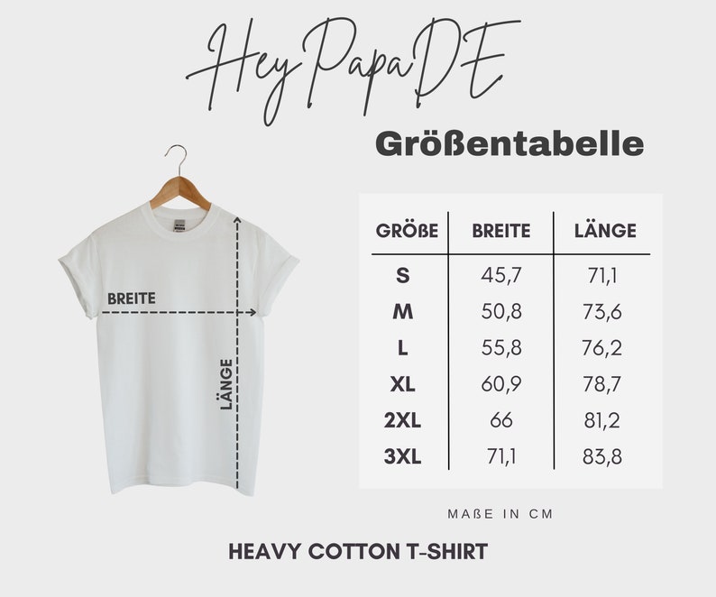 K&ouml;nnte beinhalten: Gr&ouml;&szlig;entabelle f&uuml;r ein schweres Baumwoll-T-Shirt. Die Tabelle zeigt die Gr&ouml;&szlig;e, Breite und L&auml;nge in Zentimetern. Die Gr&ouml;&szlig;en sind S, M, L, XL, 2XL und 3XL.