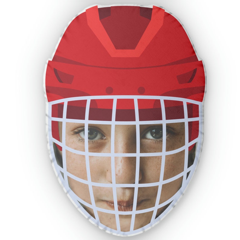 Personalisierbares Kissen in Eishockeyhelm-Form, Doppelseitig Bedruckt, Verschiedene Größen, Dekokissen mit Gesichtsanpassung Bild 2