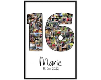 May include: A photo collage in the shape of the number 16. The collage is made up of many smaller photos of people. The number 16 is in black and white, and the background is white. The text "Marie" and "17. Juni 2022" is below the number.