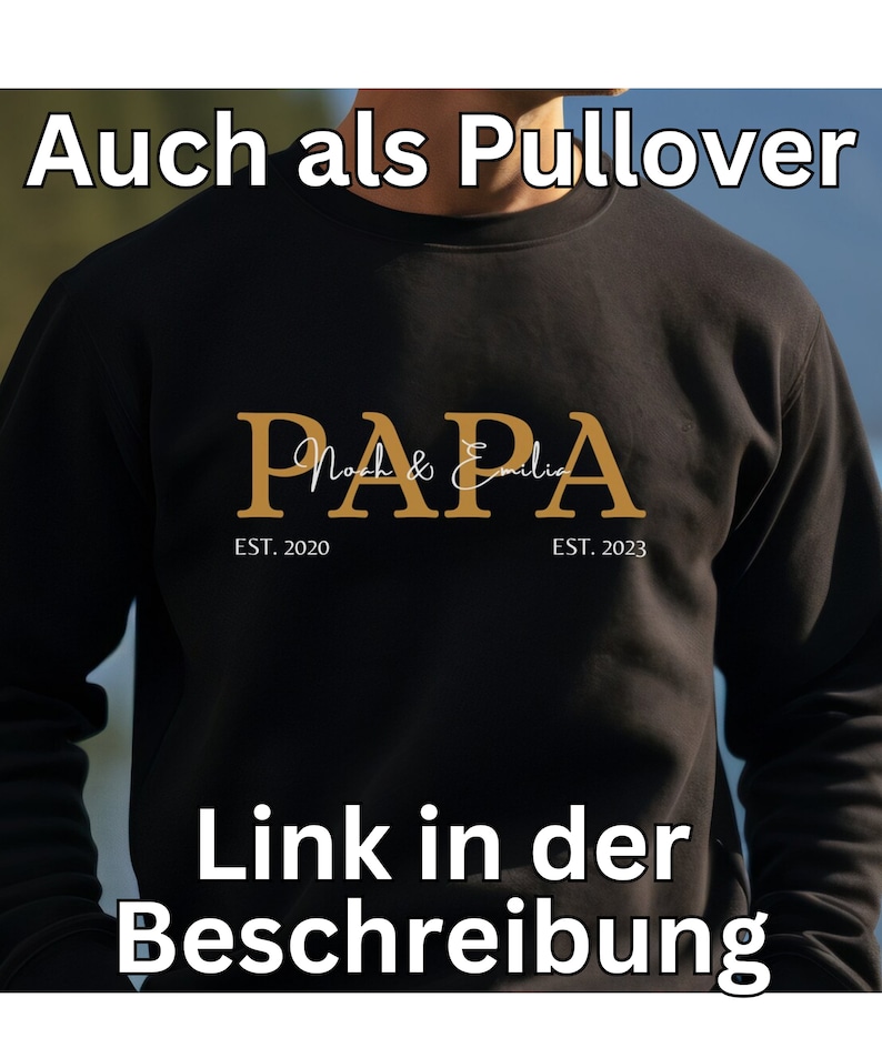 Puede incluir: Sudadera negra con el texto "PAPA" en letras doradas. El texto "Noah & Emilia" est&aacute; escrito en cursiva sobre la palabra "PAPA". El texto "EST. 2020" est&aacute; debajo de la palabra "PAPA" a la izquierda y "EST. 2023" est&aacute; debajo de la palabra "PAPA" a la derecha.