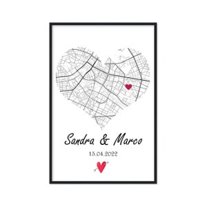 Papierhochzeit Der 1. Hochzeitstag Poster Geschenk Ehepaare Herz City Map personalisiert | Hochzeitstag