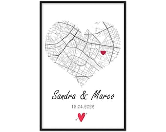 Papierhochzeit Der 1. Hochzeitstag Poster Geschenk Ehepaare Herz City Map personalisiert | Hochzeitstag