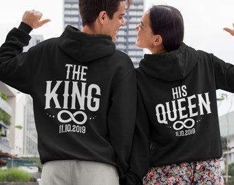 KING & QUEEN Hoodies Partnerlook Couple Sweaters with Hand and Desired Date Couple Sweater Valentine's Day Dream Couple Infinity