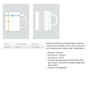 May include: White ceramic mug with a handle. The mug is 95 mm tall and 82 mm in diameter. It has a capacity of 350 ml. The text on the image reads: "Kaffee in Vollendung: Hochwertiger Sublimationsdruck macht diese Tasse zu einem Must-Have f&uuml;r jeden echten Kaffee- oder Teeliebhaber."