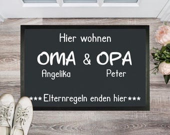 Doormat "Family" Here live Grandma and Grandpa Parental rules end here with name Personalizable Gift Grandpa Grandma